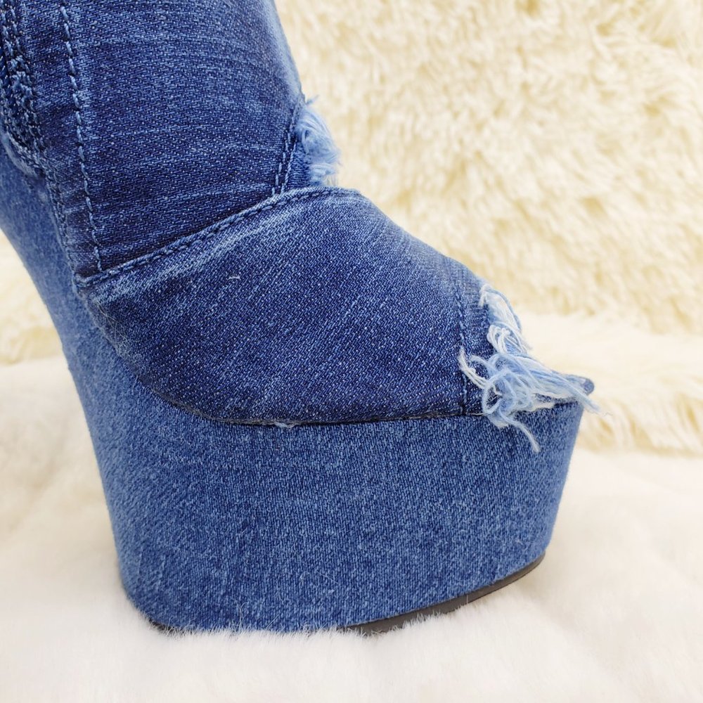 Stretch Denim Frayed Trim Ankle Boots 6" Heels_10